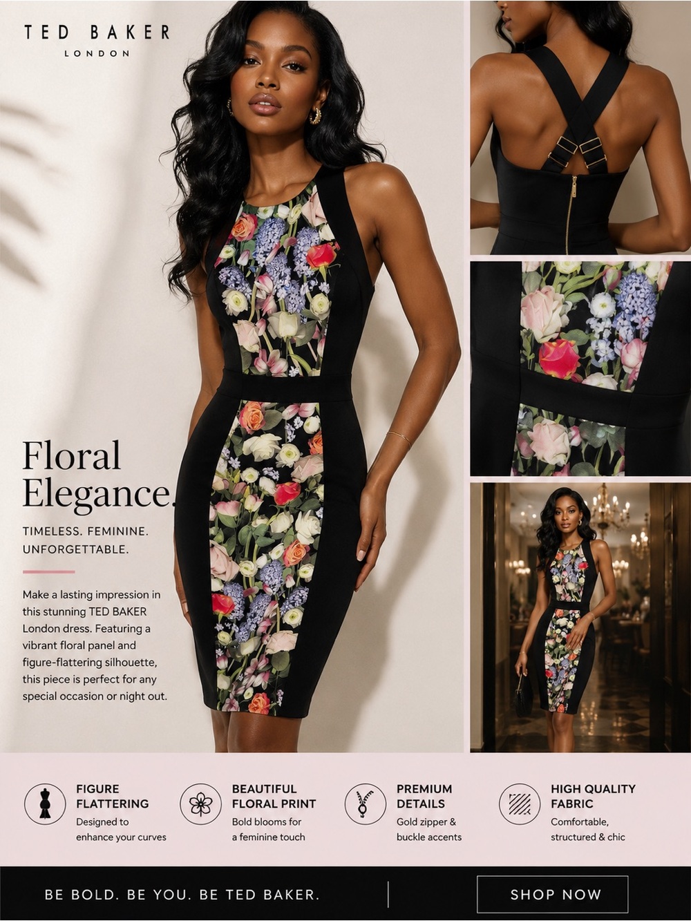 Ted Baker Black Floral Panel Sheath Dress NWOT- size 2